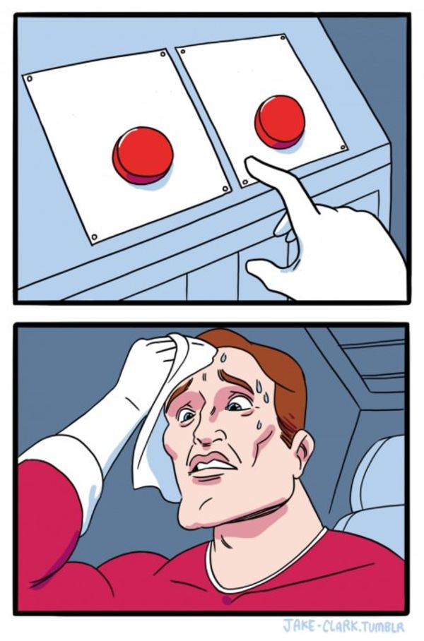 Two Buttons meme about Lucky Energy