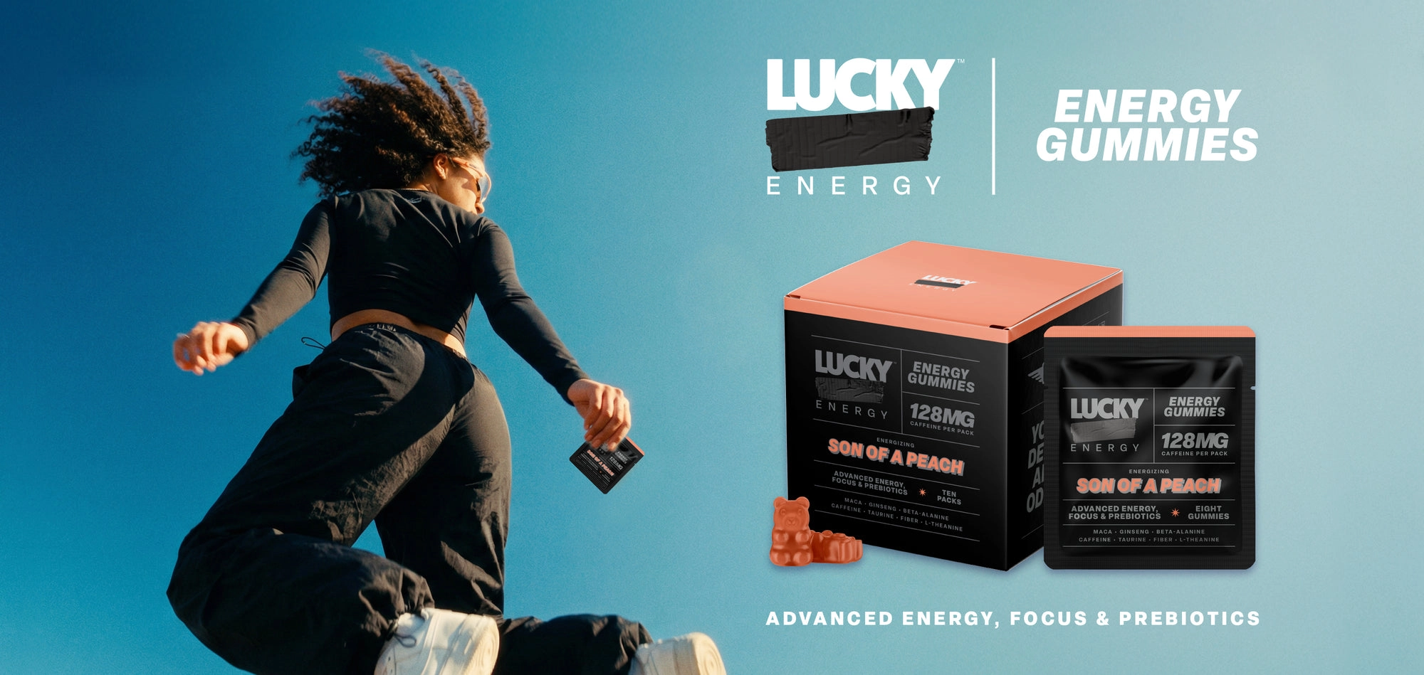 Advertisement for Lucky Energy Gummies with a person jumping, set against a blue gradient background.