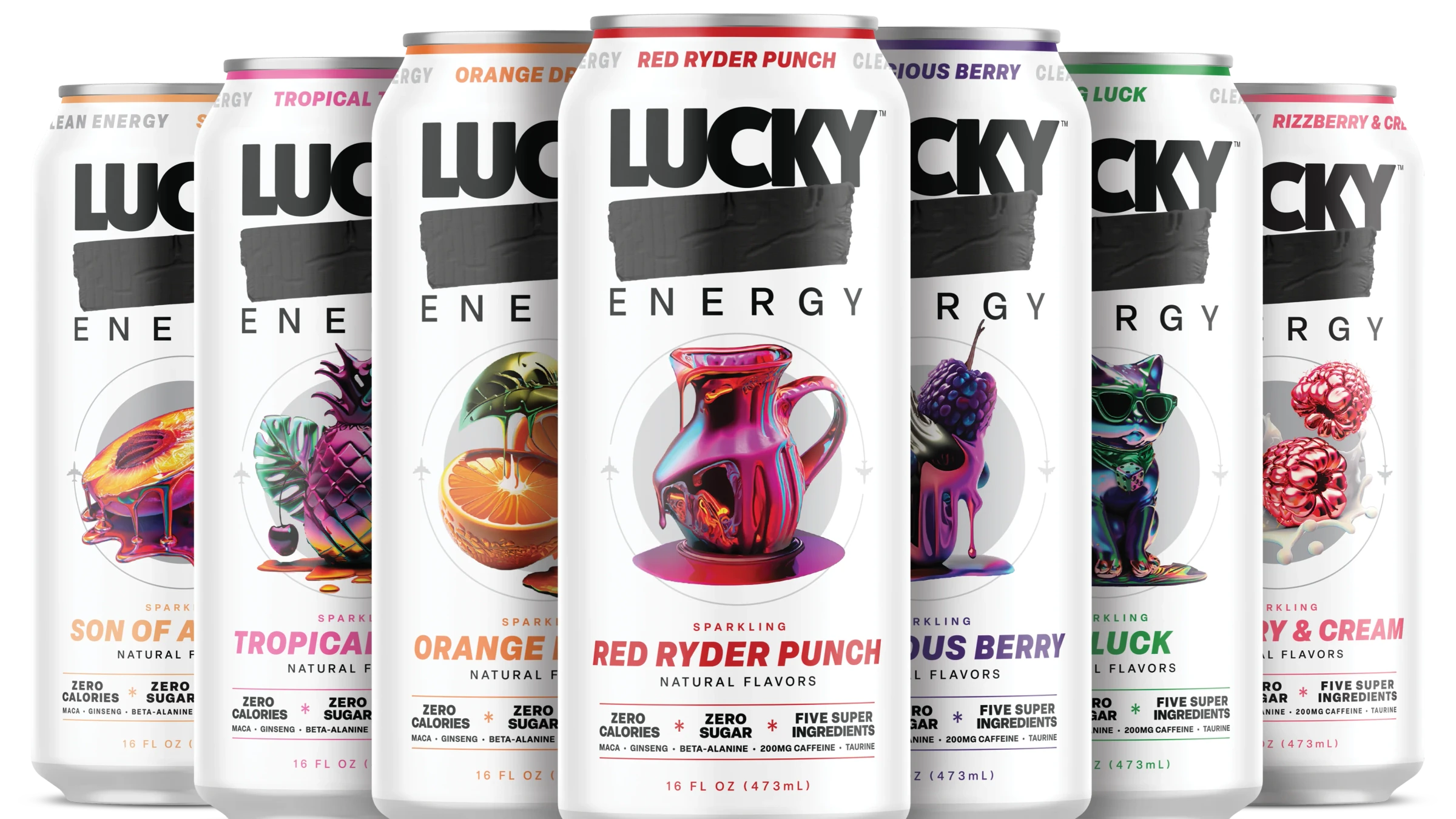 Seven Lucky Energy 16 oz cans in a lineup