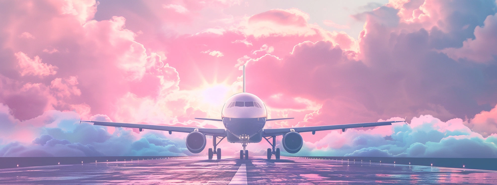 A pink airplane on a runway under pink clouds